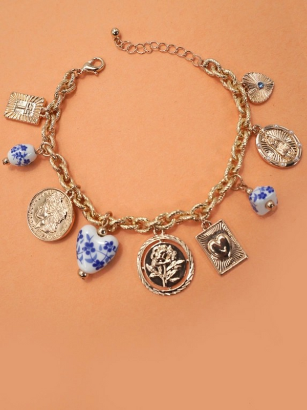 Gold Blue Ceramic Porcelain Coin Cross Charm Bracelet
