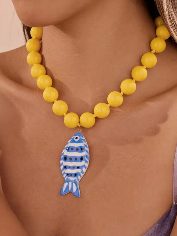 yellow fish pendant beaded necklace