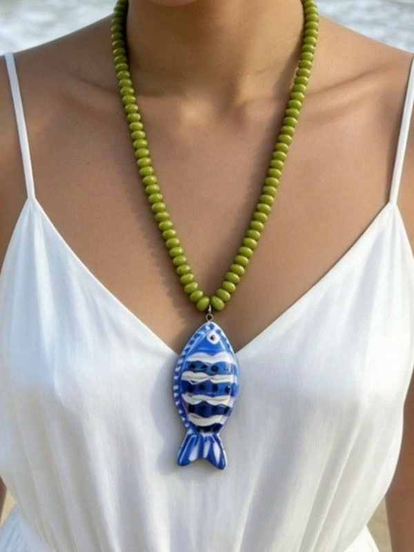 olive fish pendant beaded necklace