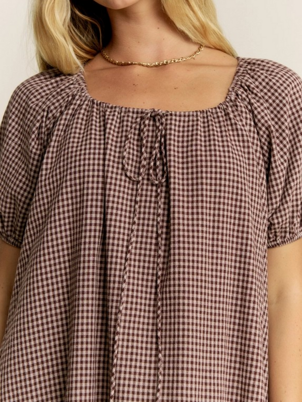 mocha gingham puff sleeve drawstring neck dress