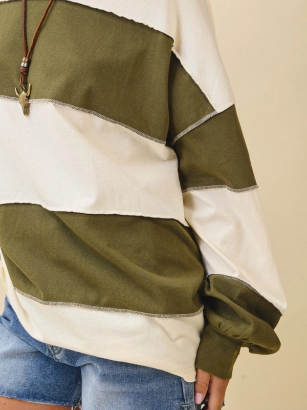 Cream and olive contrast panel long sleeve slouchy top