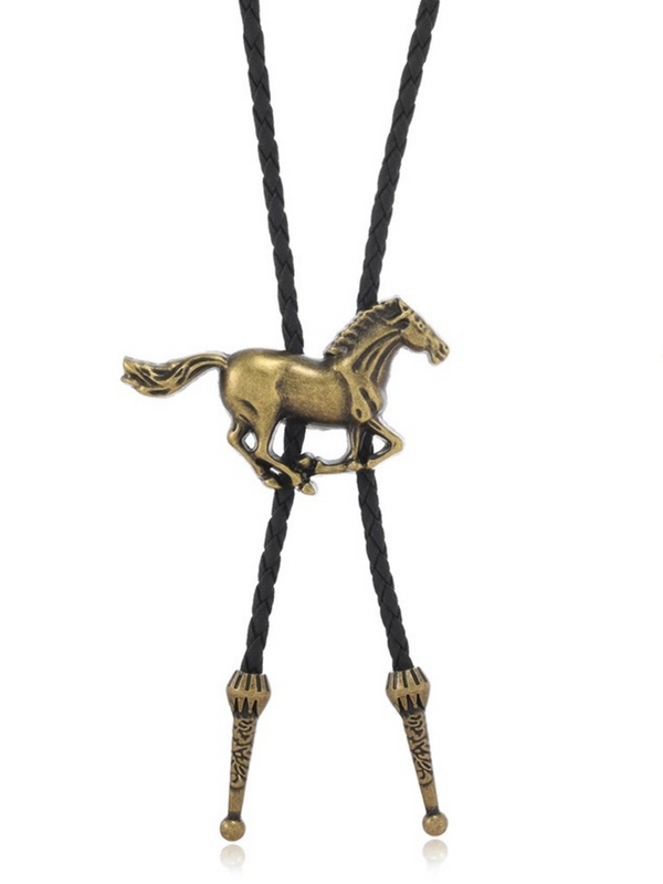Antique Gold Galloping Horse Pendant Western Cowboy Bolo Tie Necklace