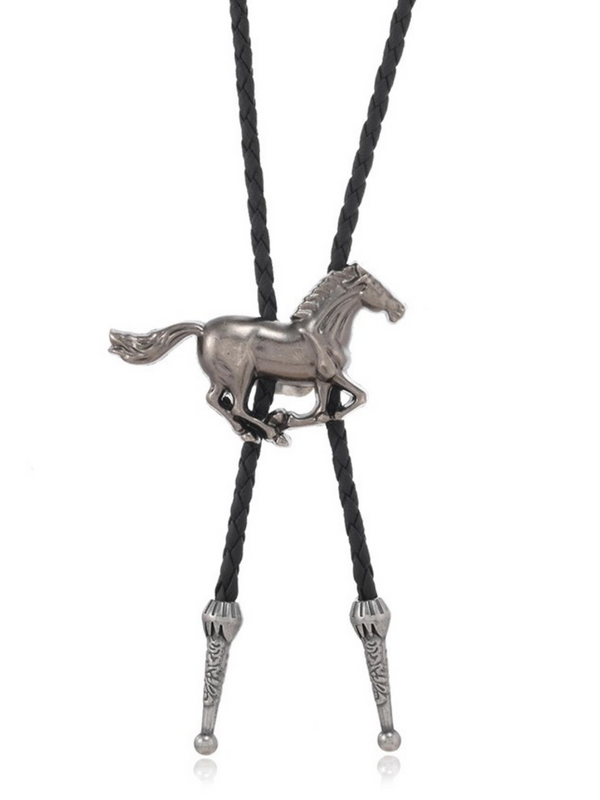 Silver Galloping Horse Pendant Western Cowboy Bolo Tie Necklace