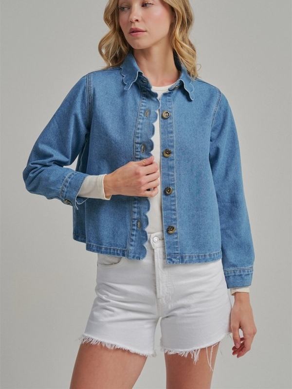 denim jacket with scallop embroidery collar