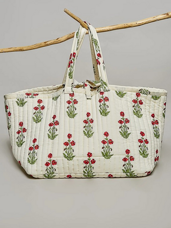 multi ivory ribbon tie quilted floral jumbo tote