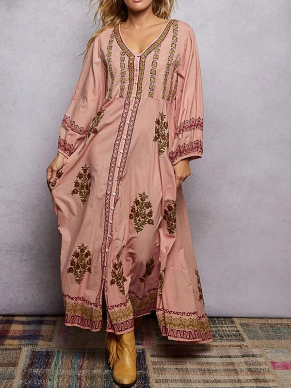 multi pink V neck balloon sleeve dress