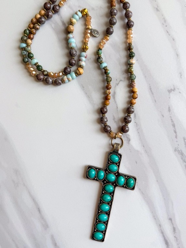 multi color stone necklace with large turquoise stone cross charm