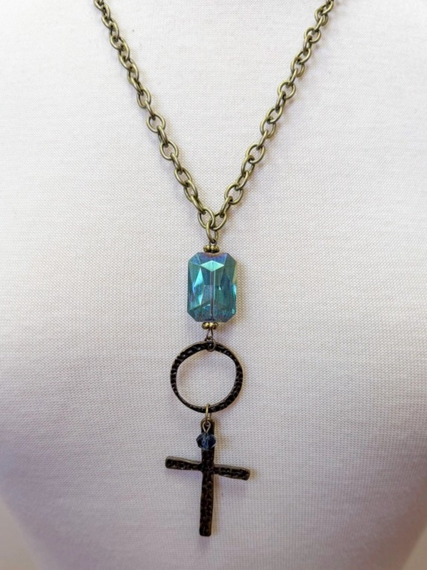 iridescent stone with large cross charm chain necklace