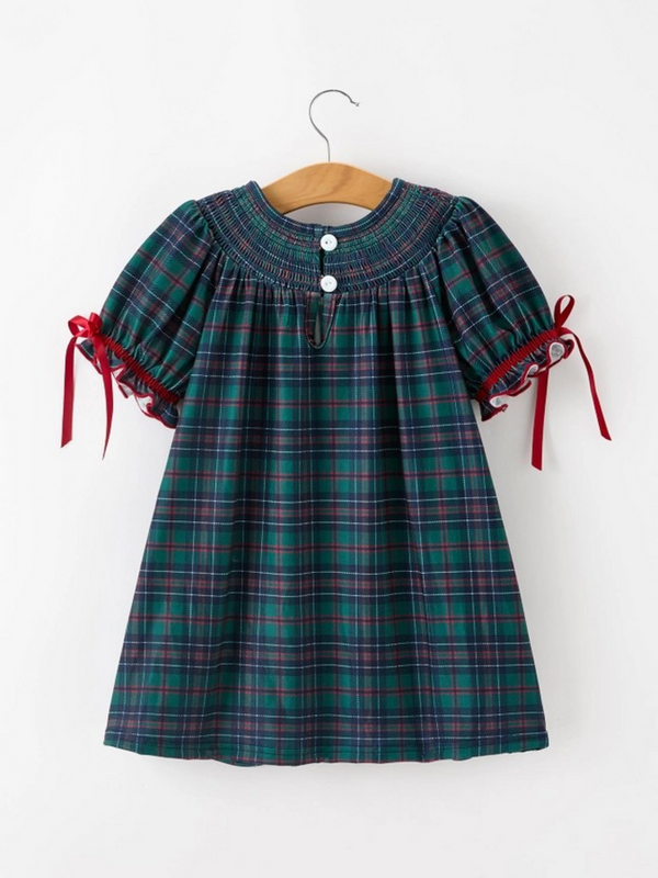 girls plaid smocked dress with puff sleeves