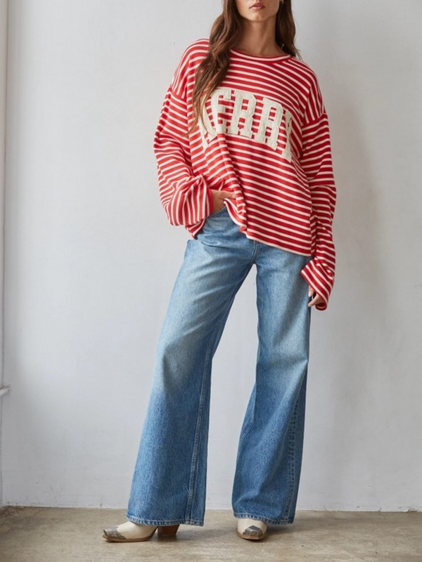 red cream knit cotton spandex striped wide long sleeve merry top