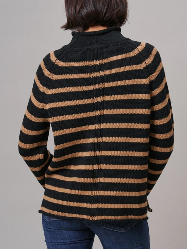 black & camel striped mock neck cotton knit sweater