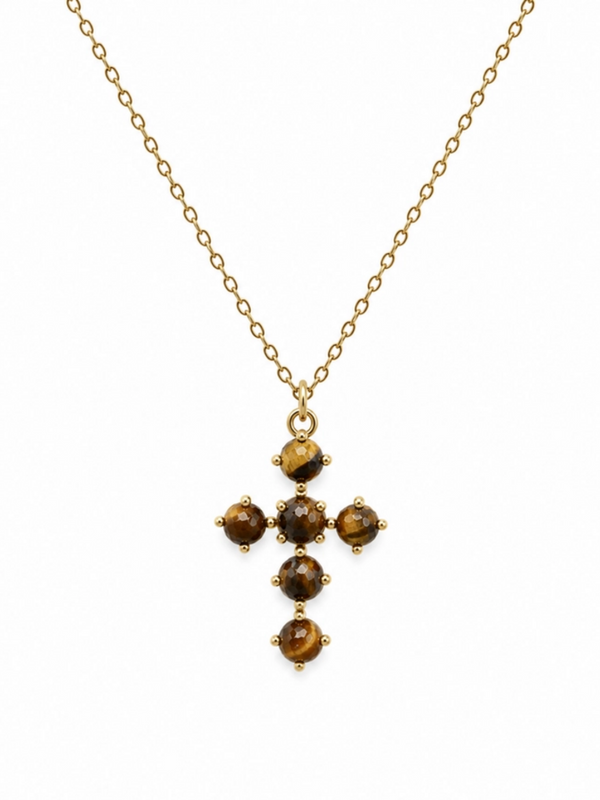 tiger's eye brown natural stone cross pendant necklace