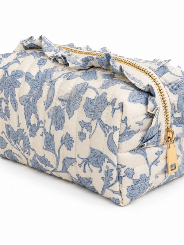 blue toile ruffle quilted cotton cosmetic bag