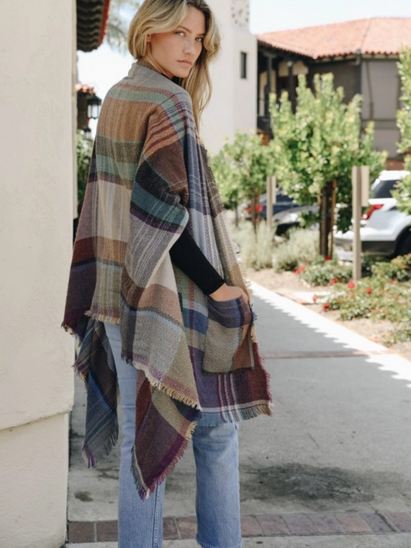 multi camel plaid pocket shawl