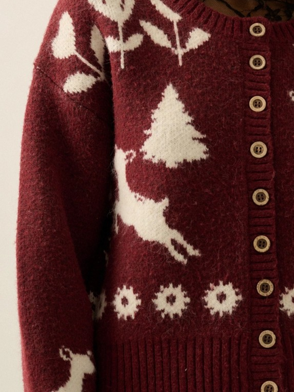 Red Forest Motif Knit Button-Front Cropped Cardigan Sweater