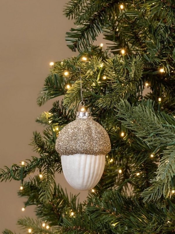 White Acorn Ornament with a glittered top