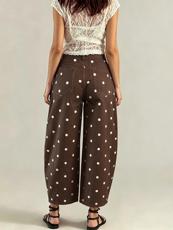 brown western polka dot seamed curved cropped jeans