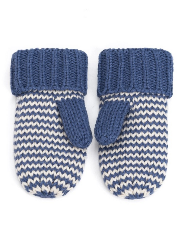 blue stripe classic knit winter mittens for kids
