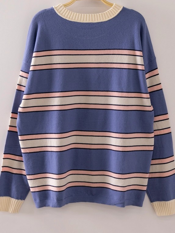 denim contrast striped ribbed crewneck