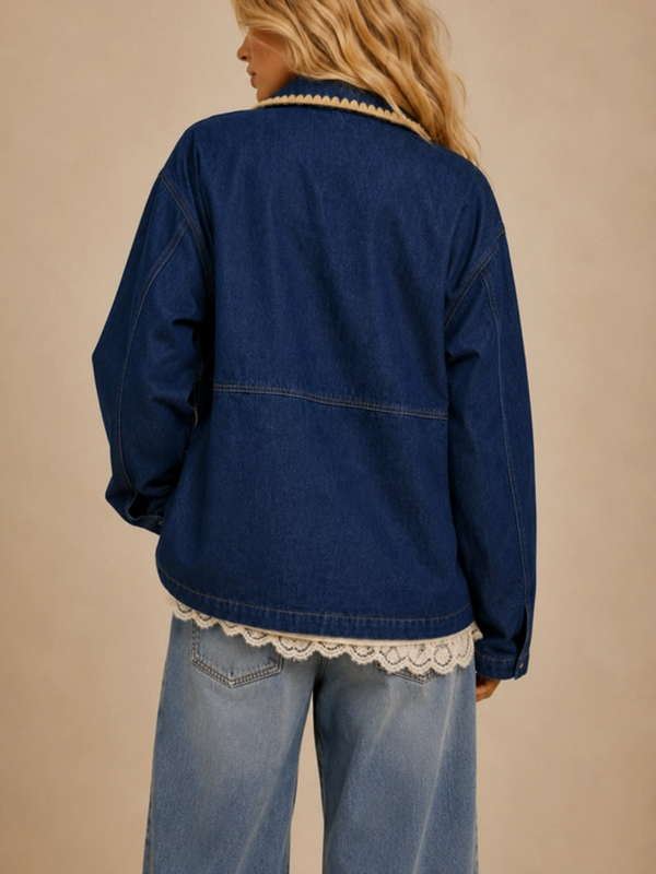 dark denim horseshoe embroidered zip up jacket