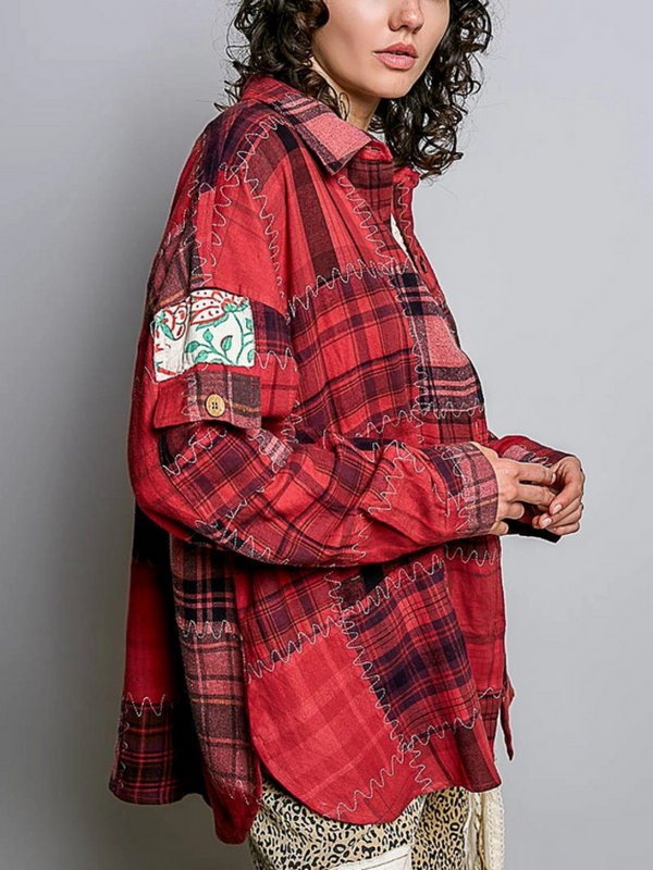 multi cherry vintage oversized plaid patchwork stitch button up shirt