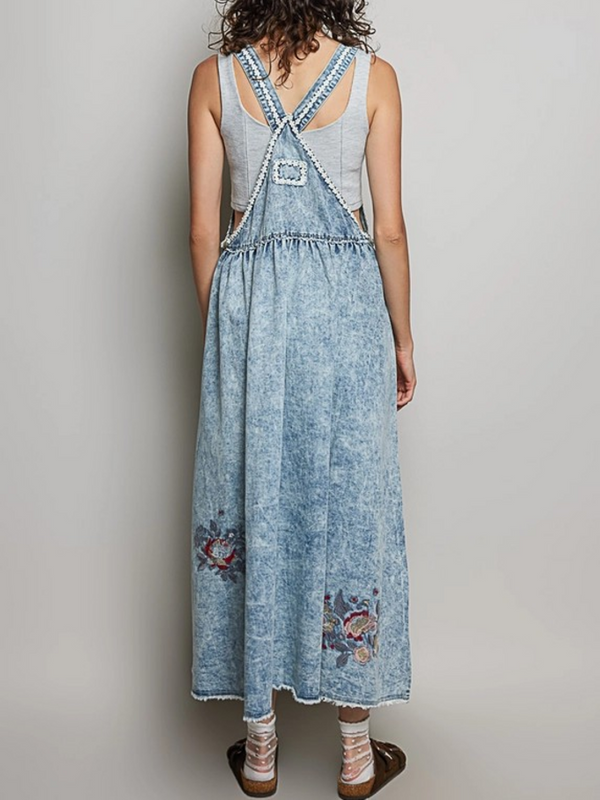denim vintage wash embroidered overall dress