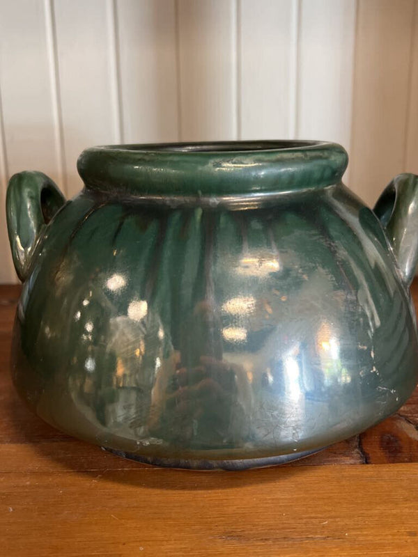 Aged Olive Dripped Glazed Pottery Kettle
