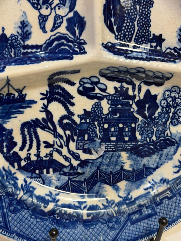Large Blue Transferware Dish With Partitions