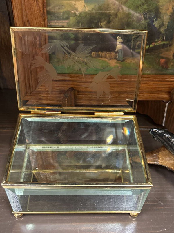 Brass & Glass Etched Bird Box
