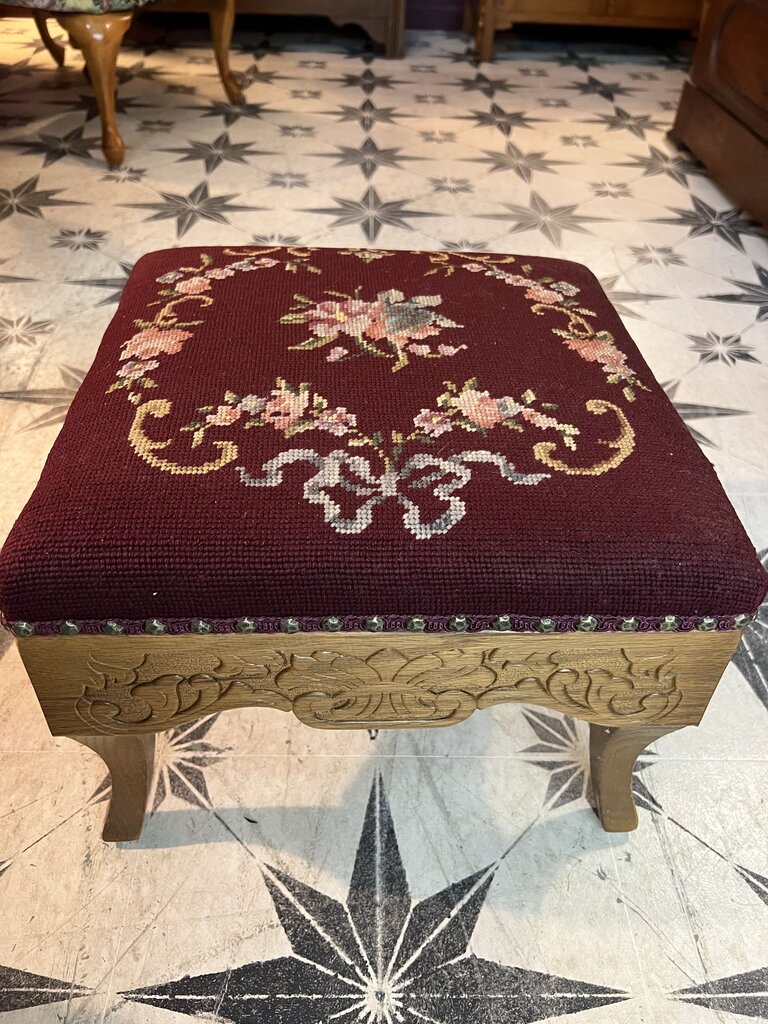 Burgundy floral needlepoint stool