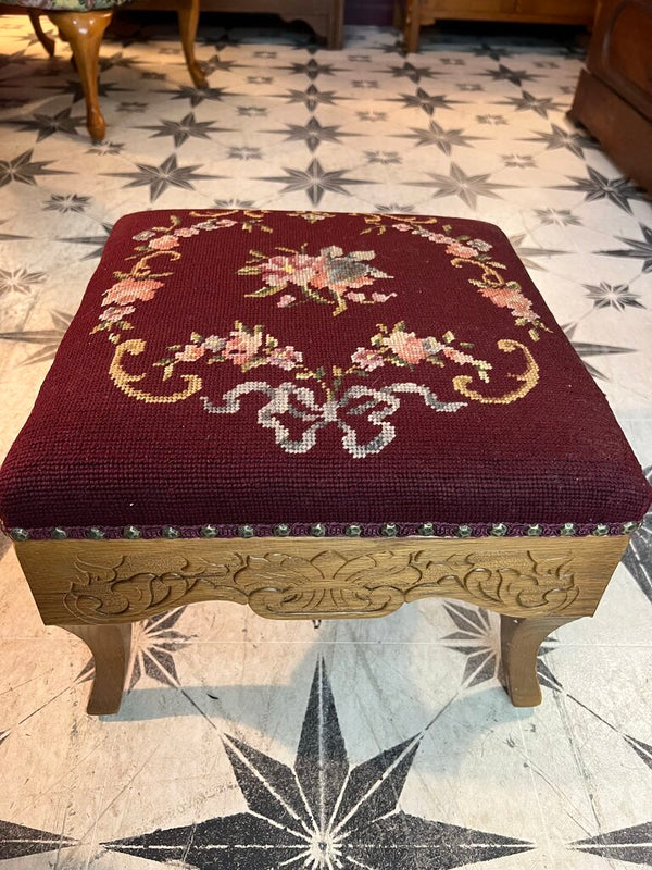 Burgundy floral needlepoint stool