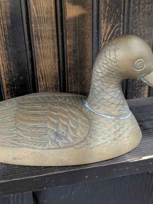 Vintage brass covered duck head dish 10"L, great patina!
