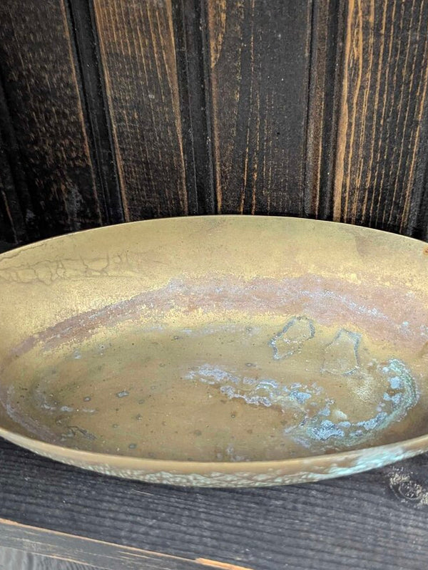 Vintage brass covered duck head dish 10"L, great patina!