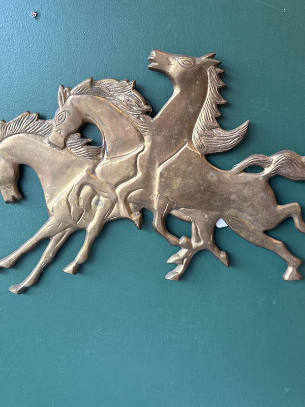 Vintage Solid Brass Running Horses Wall Hanging