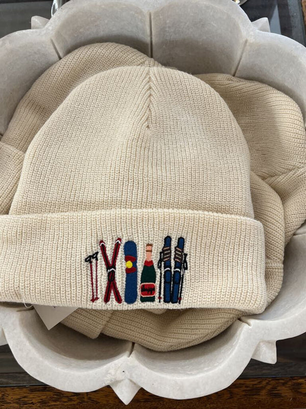 beige ski embroidered knit beanie