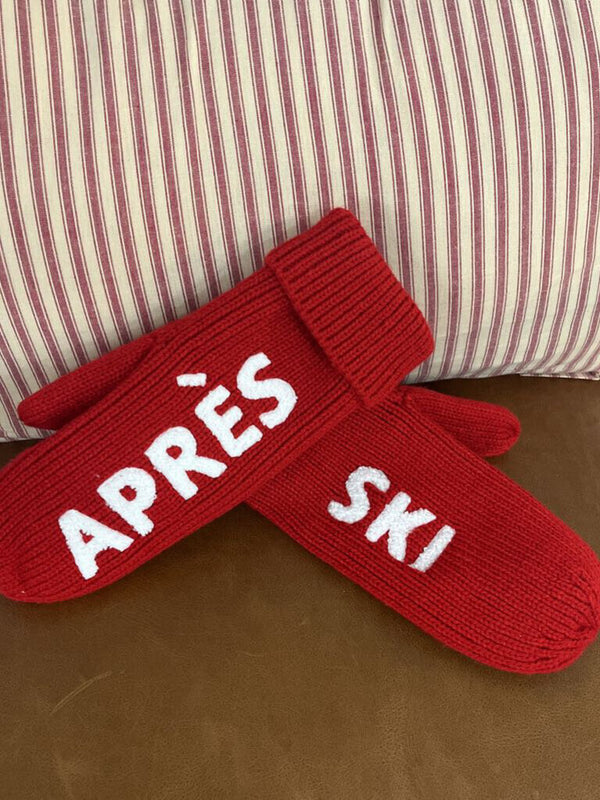 red and white apres ski knit mittens