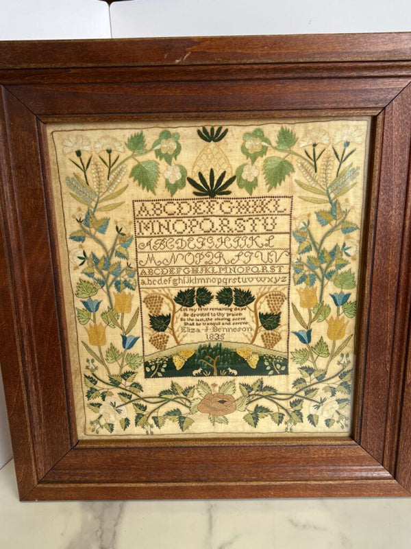 9"x10" distressed brown framed alphabet needlepoint sampler print