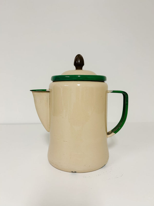 Vintage Green/Cream Lidded Enamel Coffee Pot