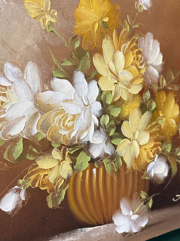 Vintage Signed Yellow and Cream Floral Oil Painting