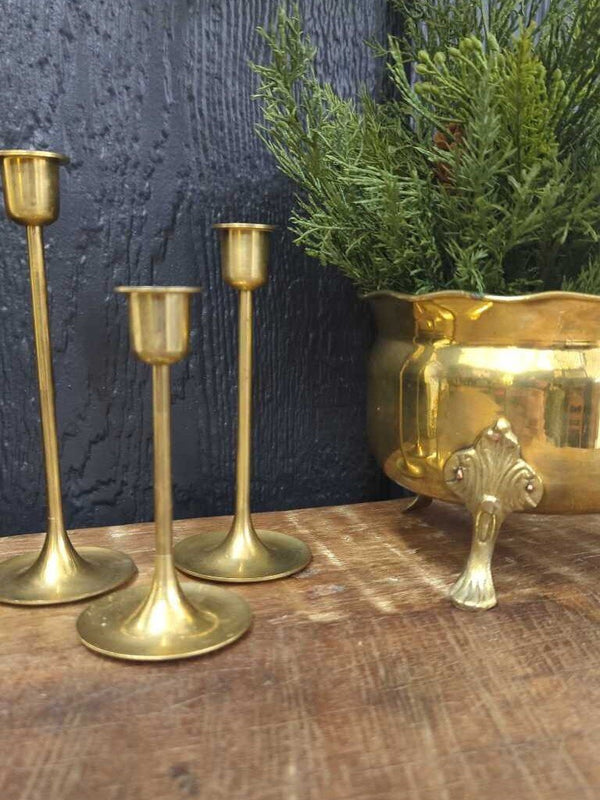 Set of 3 vintage brass candlesticks 5", 6", 7"H