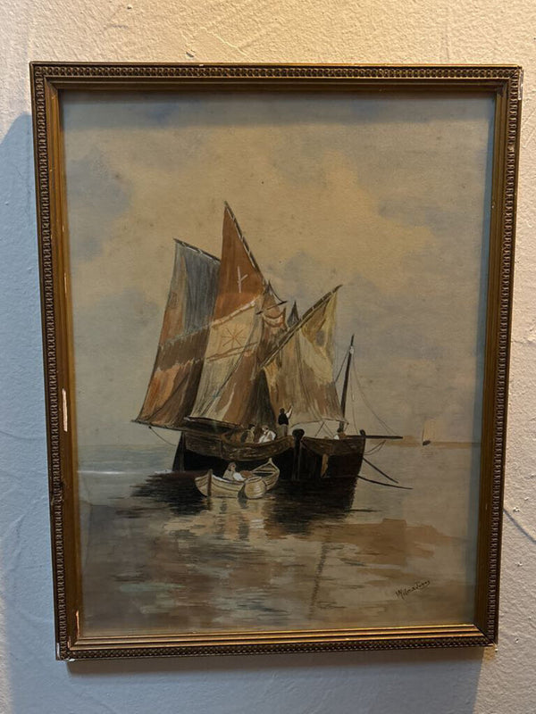 Dutch Fishing Boats Framed Watercolor
