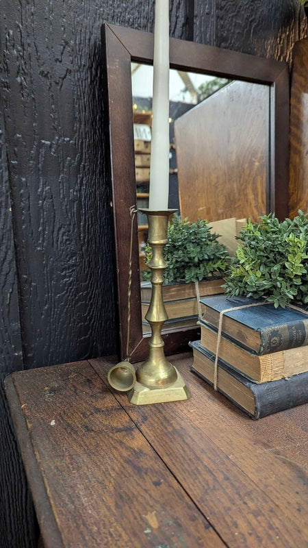 Vintage brass candlestick w/hanging snuffer, Rare! 9" H