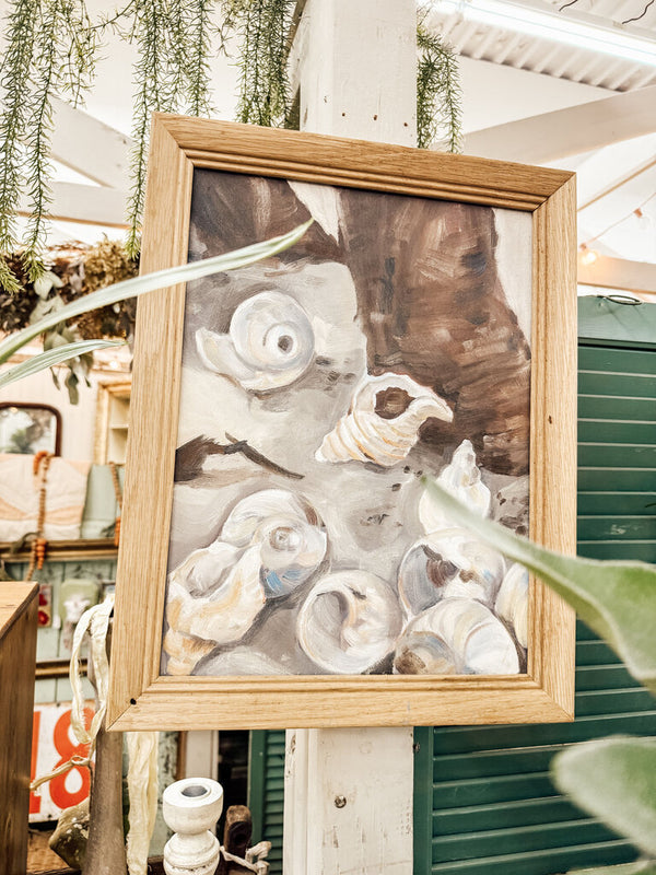 Wooden framed shell painting on canvas