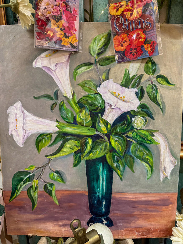Painting of moonflowers in green vase