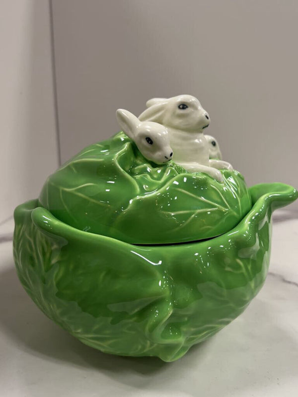 light green cabbage with rabbits atop