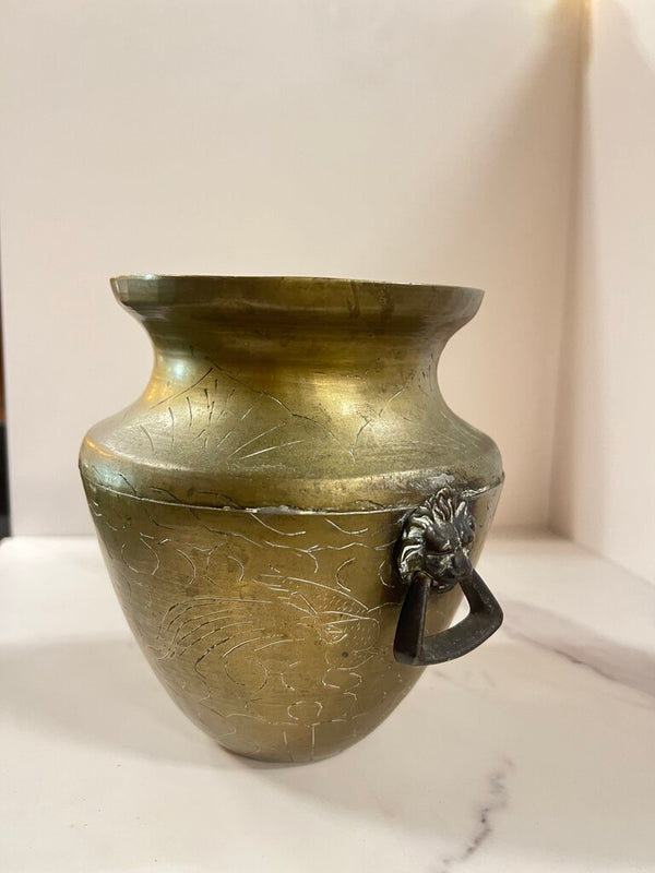Etched brass vase/pot with lion head handles