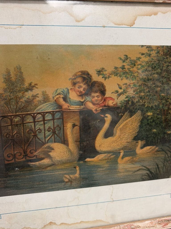 antique cherub swan framed art