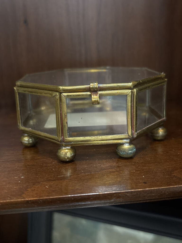 #507 Vintage Octagon Brass & Glass Trinket Box with Mirrored Bottom