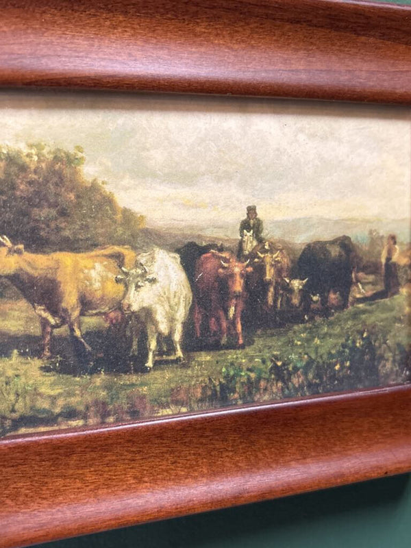 #516 Moody Landscape Print with Cows in Dark Wood Frame