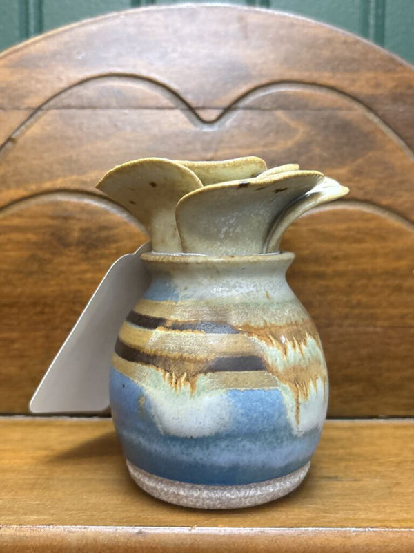 #572 Handmade Floral Shaped Pottery Vase - Blue, Brown, & Beige Glaze